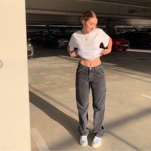 High Waisted Acid Wash Black Carpenter Jeans (S)